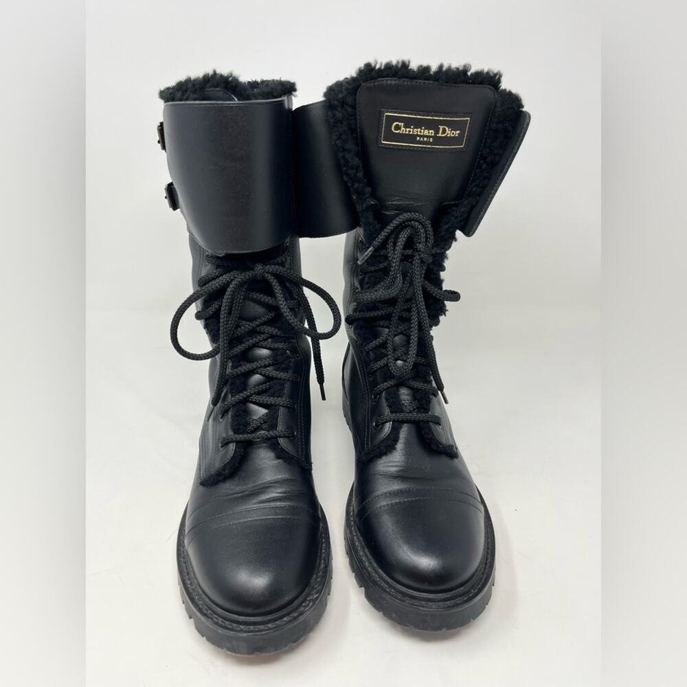 Dior Black Leather Combat Boot Shearling lined inside Lace Up size 40.5 EU